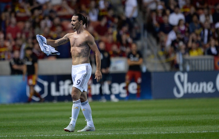 (Francisco Kjolseth  |  The Salt Lake Tribune)  Los Angeles Galaxy forward Zlatan Ibrahimovic (9) goes in for a new shirt and medical treatment on his head during the first half of the MLS soccer match Saturday, Sept. 1, 2018, in Sandy at Rio Tinto Stadium.