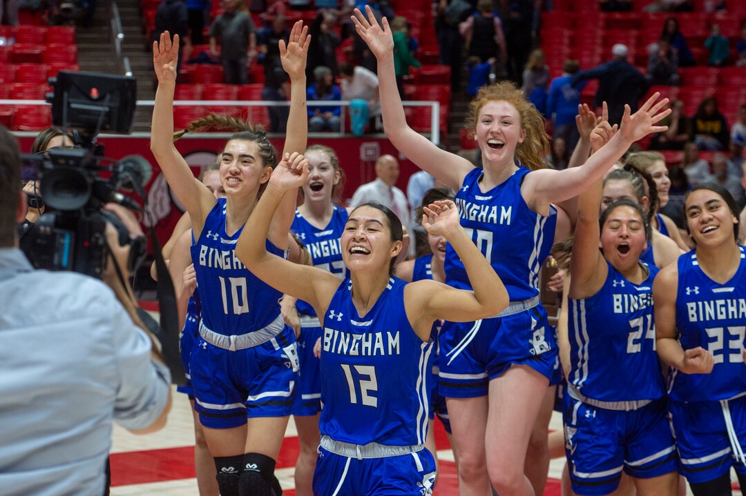 (Rick Egan  |  The Salt Lake Tribune)   The Bingham Miners celebrate their 59-51 win over the Fremont Silverwolves, in the 6A championship game, at the Jon M. Huntsman Center, Saturday Feb. 29, 2020