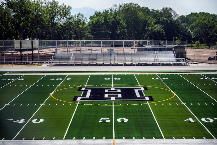 (Chris Detrick  |  The Salt Lake Tribune)  The artificial turf football field at Highland High School Friday July 3, 2015.   
