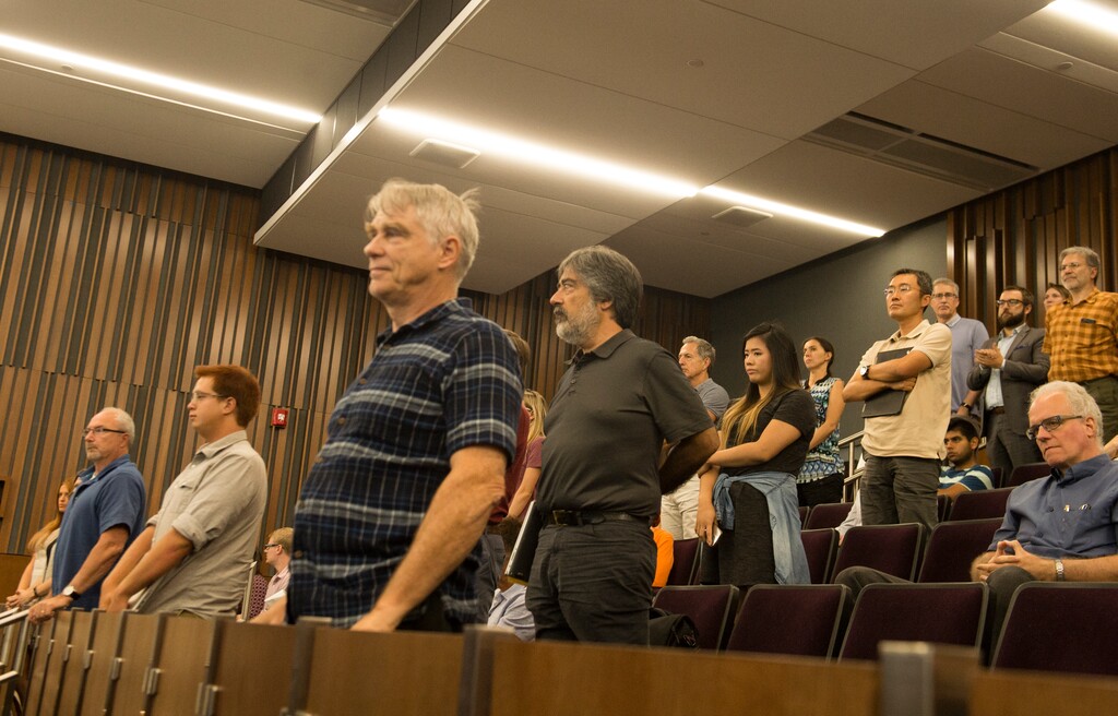(Rick Egan  |  The Salt Lake Tribune)

Members of the University of Utah Academic Senate stand to approve an amendment, after discussing the $10 million donation from the Charles Koch Foundation. Monday, Aug. 28, 2017.