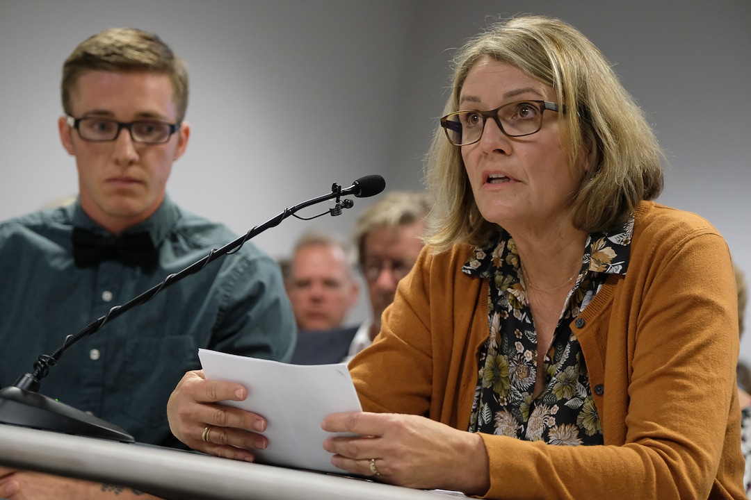 (Francisco Kjolseth  |  The Salt Lake Tribune)  Tori Black of United Families International expresses her opposition to a ban on conversion therapy as she is joined by Jason Lindow who says he's been undergoing transition for the past year and a half and prior to that identified as a lesbian. Lindow is in favor of a ban as the two spoke during the public hearing about a proposed ban on conversion therapy in Salt Lake City on Thursday, Sept. 26, 2019.