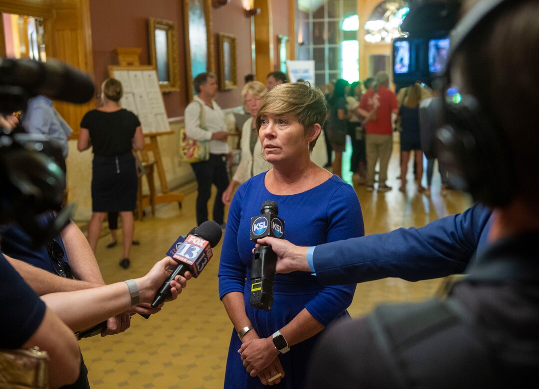 (Rick Egan  |  The Salt Lake Tribune)     Salt Lake City Council member, Amy Fowler talks to the media, after the council voted to approve a proposal that would grant up to $28 million in tax increment reimbursement to a developer seeking to build a 3,000 acre industrial development in the city’s northwest side, Tuesday, Aug. 27, 2019.