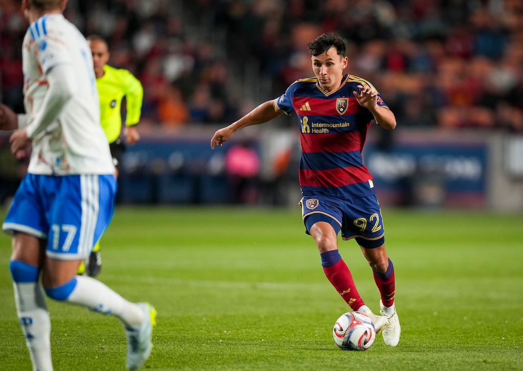 (Bethany Baker  |  The Salt Lake Tribune) Real Salt Lake midfielder Noel Caliskan (92) fields the ball during the game between the Real Salt Lake and the San Diego FC at America First Field in Sandy on Saturday, April 18, 2026.