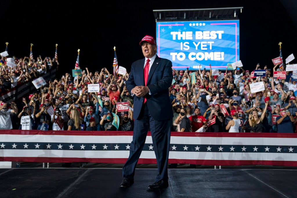 (Evan Vucci | AP file photo)  President Donald Trump arrives for a campaign rally at Miami-Opa-locka Executive Airport, Monday, Nov. 2, 2020, in Opa-locka, Fla.