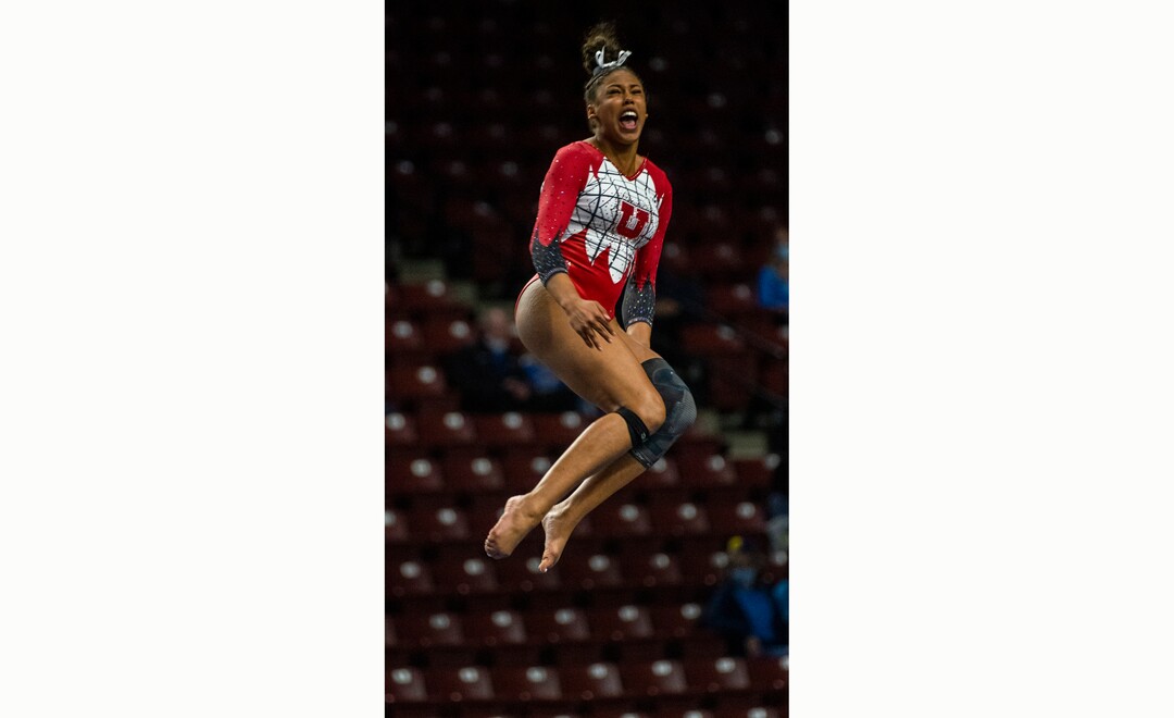 (Rick Egan | The Salt Lake Tribune) Jaedyn Rucker competes on the floor for Utah in the PAC-12 Gymnastics Championship tournament at the Maverik Center, on Saturday, March 20, 2021.