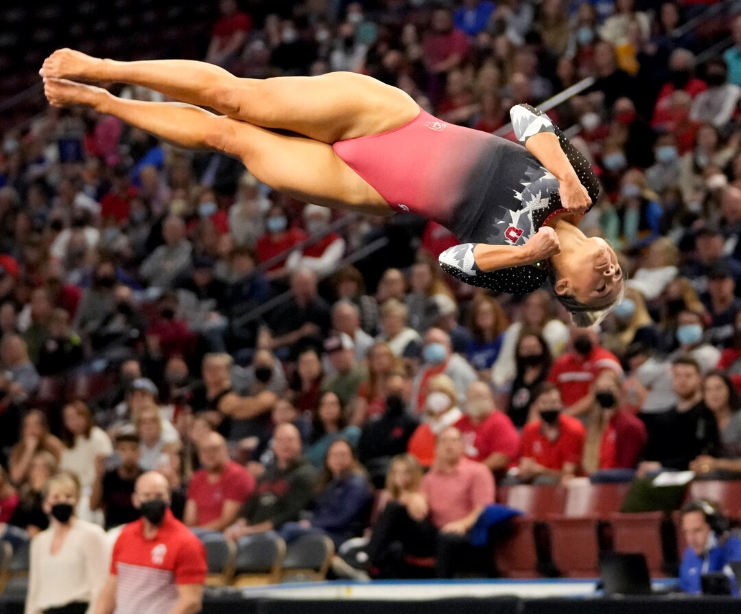 (Francisco Kjolseth | The Salt Lake Tribune) Sydney Soloski performs her floor routine at the Best of Utah NCAA Gymnastics Meet at the Maverik Center in West Valley City on Friday, Jan. 7, 2022.