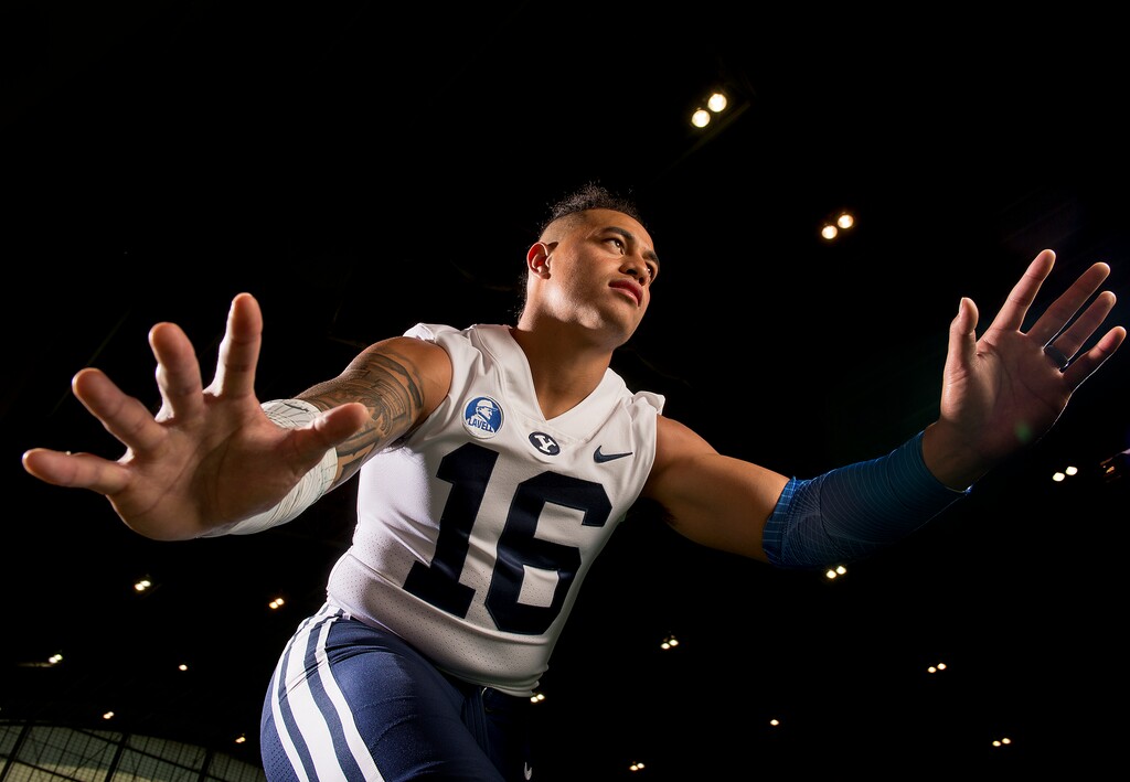 (Leah Hogsten  |  The Salt Lake Tribune) Brigham Young University defensive lineman Sione Takitaki, Wednesday, August 2, 2017 during BYU's annual football photo day in the Indoor Practice Facility (IPF) on campus.
