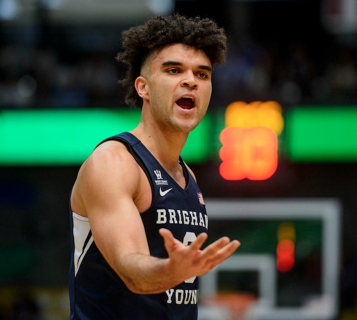 (Steve Griffin  |  The Salt Lake Tribune) Brigham Young Cougars guard Elijah Bryant (3) argues a call during the BYU versus UVU basketball game at UCCU Center on the UVU campus in Orem Wednesday November 29, 2017.