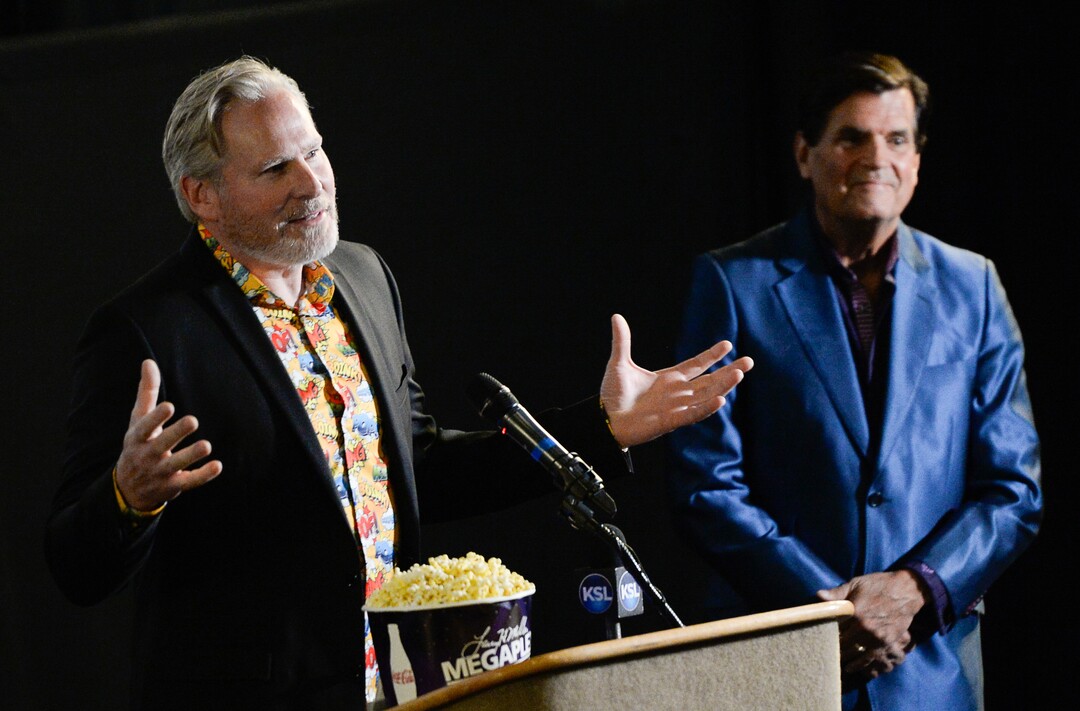 (Francisco Kjolseth  |  The Salt Lake Tribune)  Producers Dan Farr, left, and Bryan Brandenburg take the spotlight for FanX's twice-annual "press conference," which draws cosplayers to Megaplex Jordan Commons in Sandy on Wed. June 12, 2019, for the announcement of the event's celebrity visitors.