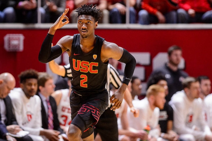 (Trent Nelson | The Salt Lake Tribune)  USC Trojans guard Jonah Mathews (2) celebrates a three-pointer as the University of Utah hosts USC, NCAA basketball at the Huntsman Center in Salt Lake City, Saturday Feb. 24, 2018.