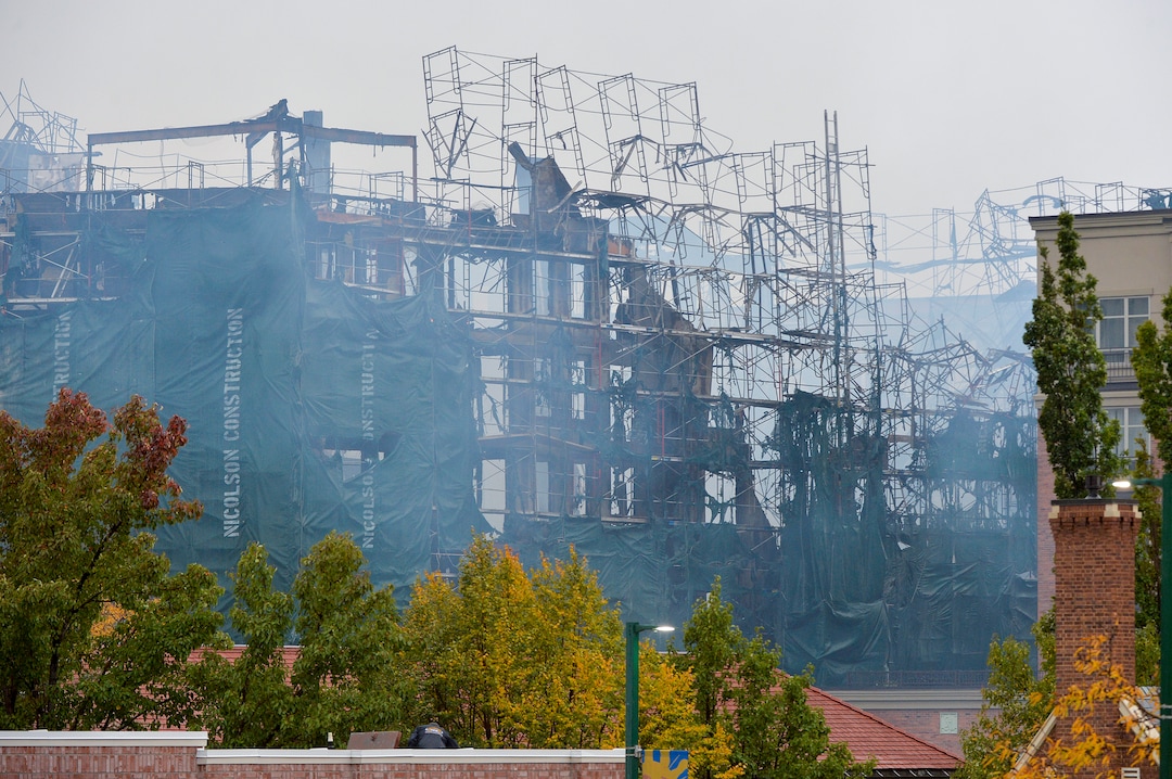 (Chris Samuels | The Salt Lake Tribune) Burnt scaffolding remain after a fire and collapse of a new construction of apartment residences in Sugar House, Wednesday, Oct. 26, 2022.
