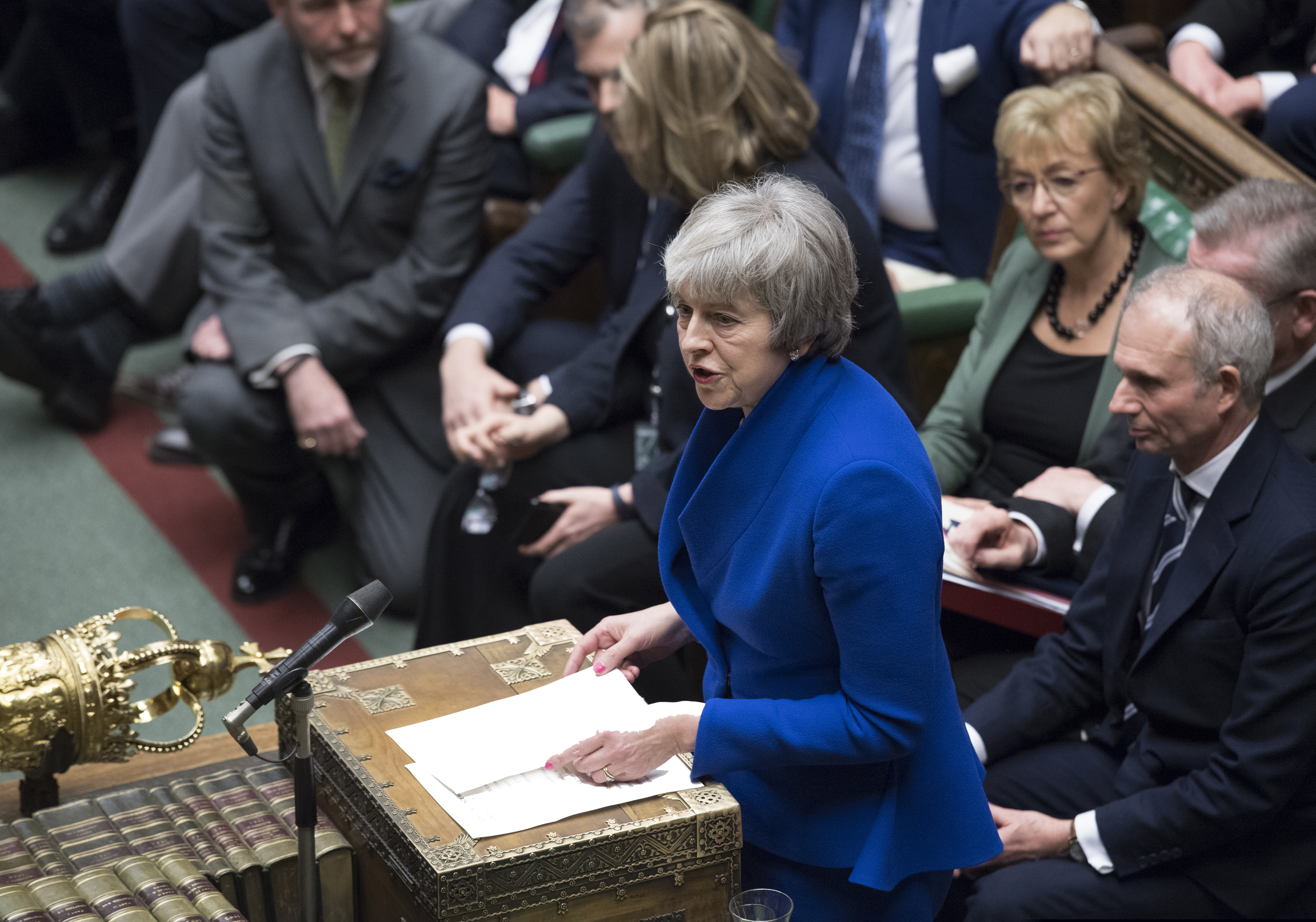 (Jessica Taylor, UK Parliament via AP) Britain's Prime Minister Theresa May speaks to parliament after she won a no-confidence vote against her government, in the House of Commons, London, Wednesday Jan. 16, 2019.  Prime Minister Theresa May won the no confidence vote called for by opposition Labour Party leader Jeremy Corbyn, following the dramatic failure of the government Brexit vote.