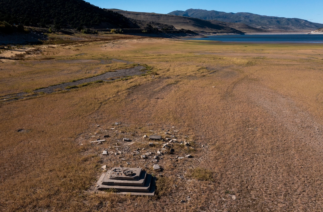 (Rick Egan | The Salt Lake Tribune)  Drought conditions have lowered the level of Rockport Reservoir to reveal parts of an old pioneer ghost town. Monday, Sept. 20, 2021.