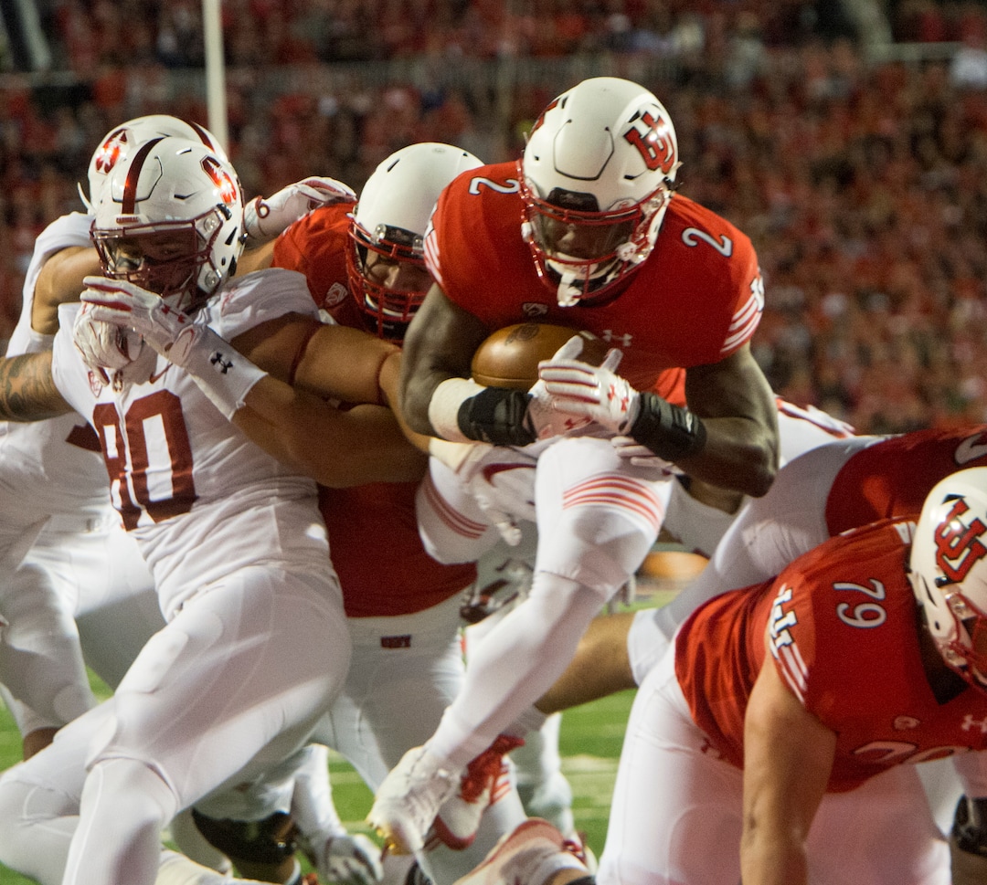 (Rick Egan  |  The Salt Lake Tribune)Utah running back Zack Moss (2) scores the first touchdown for the Utes  in PAC-12 football action, Utah Utes vs. Stanford Cardinals, at Rice-Eccles Stadium, Saturday, October 7, 2017.