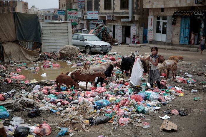 In this photo taken on Wednesday, Jul. 26, 2017, a girl scavenges for recyclable items at a garbage dump in a street in Sanaa, Yemen. Yemen’s raging two-year conflict has served as an incubator for lethal cholera. (AP Photo/Hani Mohammed)
