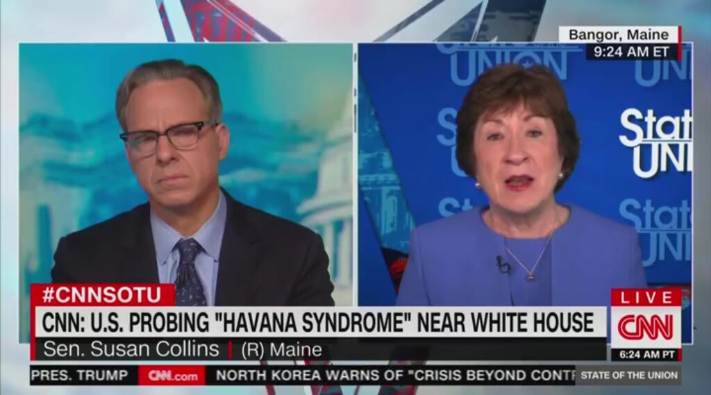 (Screengrab via Grabien) Sen. Susan Collins appears on CNN's "State of the Union" with Jake Tapper on Sunday.