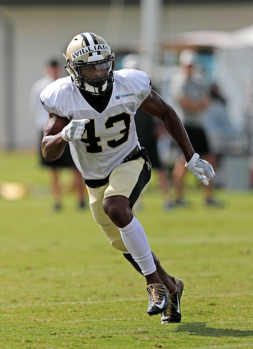 FILE - In this July 30, 2018, file photo, New Orleans Saints safety Marcus Williams (43) goes through drills during NFL football training camp in Metairie, La. New Orleans is counting on Williams, a 2017 second-round draft choice, to build on a largely promising rookie campaign that helped solidify the Saints’ secondary and propel the club back to the playoffs for the first time in four years. (AP Photo/Gerald Herbert, File)