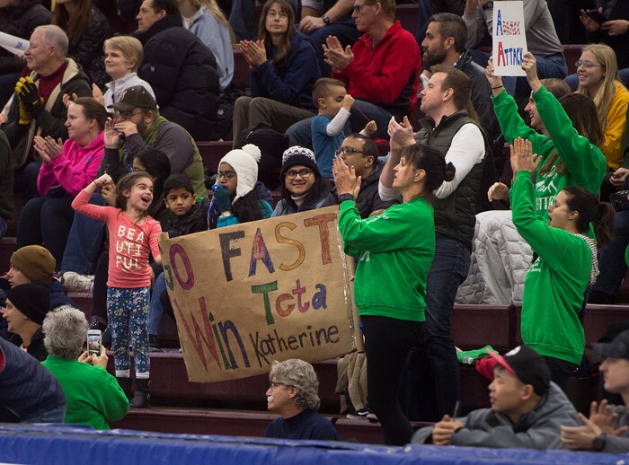 (Scott Sommerdorf   |  The Salt Lake Tribune)   
Fans of skater Katherine Reutter-Adamek cheer her as she is introduced prior to her winning skate in a women's 1000 meter final during day 3 of the U.S. short-track Olympic Team Trials at the Utah Olympic Oval, Sunday, December 17, 2017.  
