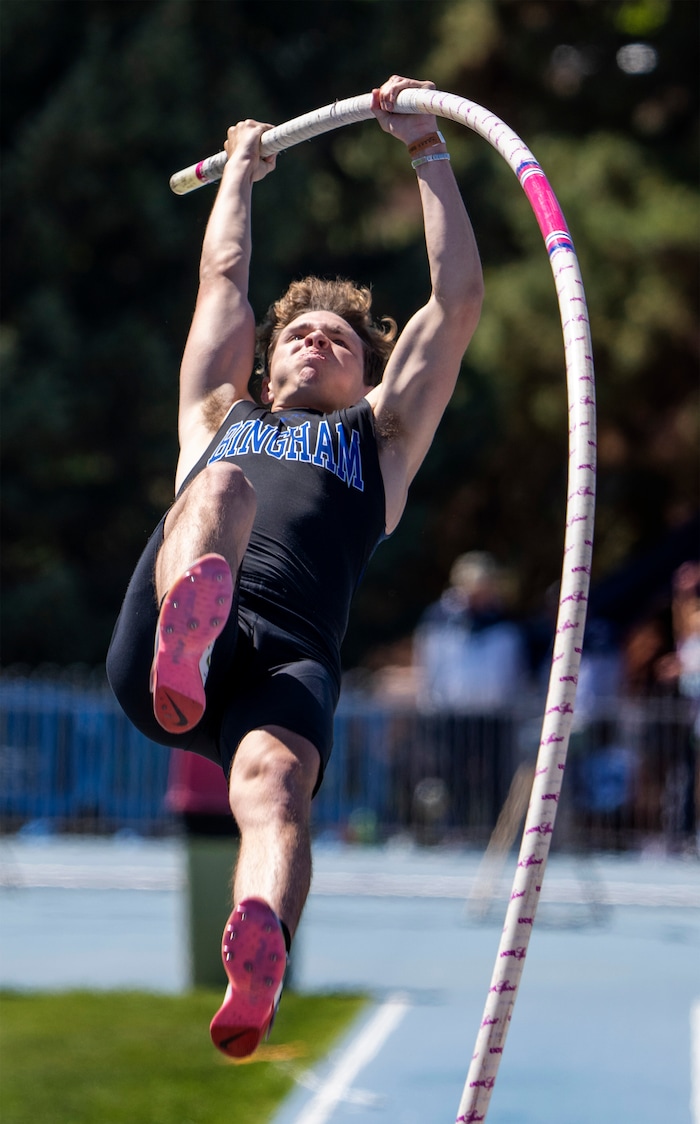 (Rick Egan | The Salt Lake Tribune)  Dallin Thornton of Bingham, placed first in the 6A pole-vault, clearing 16-00, at the State High School Championships at BYU, on Saturday, May 21, 2022.
