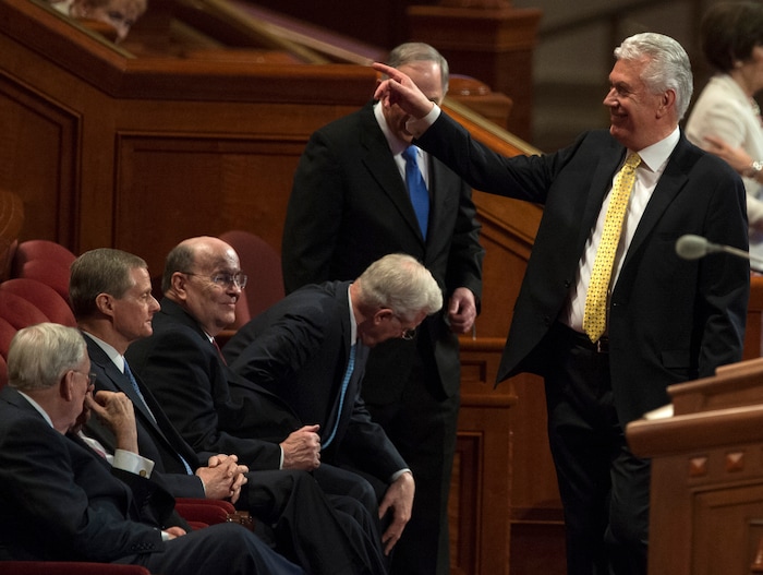 (Rick Egan  |  The Salt Lake Tribune)         Elder Dieter F. Uchtdorf  makes is way to his seat, before the Saturday morning session of the 188th Annual General Conference in Salt Lake City,  Saturday, March 31, 2018.