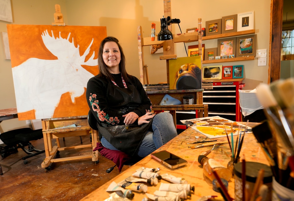 (Bethany Baker  |  The Salt Lake Tribune) Cristall Harper, one of the artists featured in the Utah Masters Fine Art Tour,  sits in her studio in American Fork on Monday, Oct. 30, 2023.