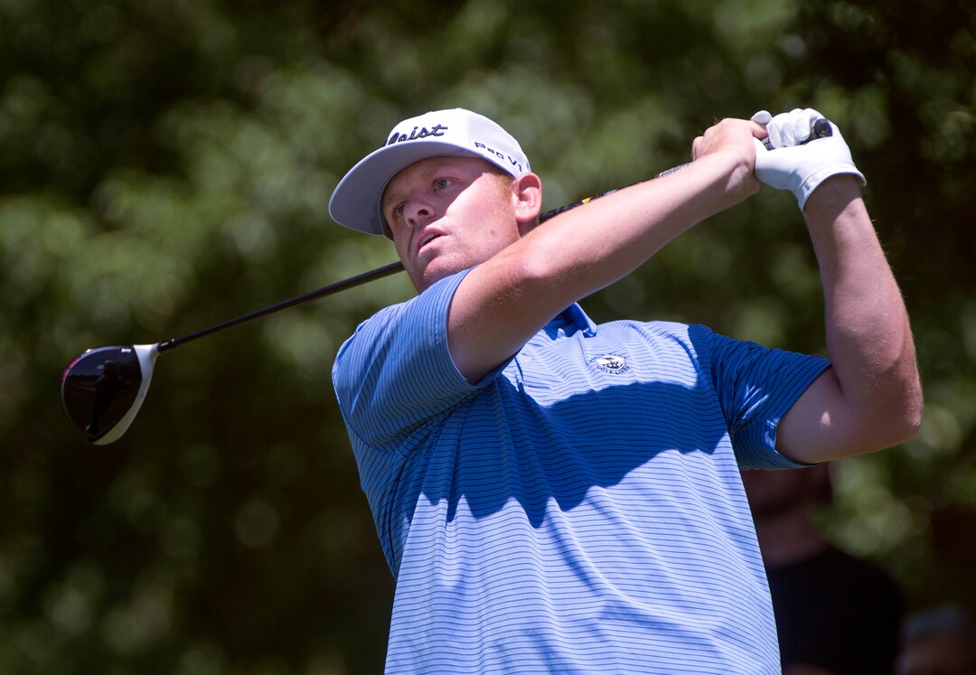 (Rick Egan  |  The Salt Lake Tribune)     Patrick Fishburn from Farr West, UT, his a shot off the tee, in second round of the Utah Championship golf event on the Web.com Tour at Oakridge Country Club in Farmington.  Fishburn finished 8 under par, Friday, July 13, 2018.