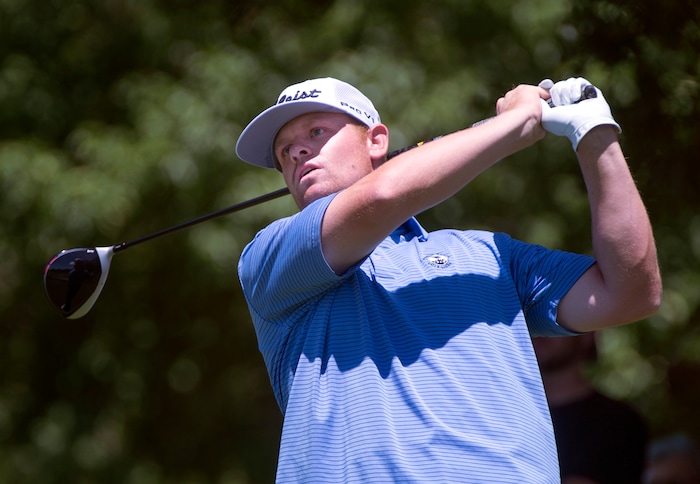 (Rick Egan  |  The Salt Lake Tribune)     Patrick Fishburn from Farr West, UT, his a shot off the tee, in second round of the Utah Championship golf event on the Web.com Tour at Oakridge Country Club in Farmington.  Fishburn finished 8 under par, Friday, July 13, 2018.


