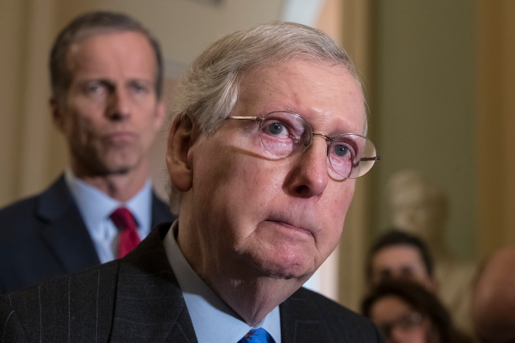 (J. Scott Applewhite | AP Photo) Senate Majority Leader Mitch McConnell, R-Ky., joined at left by Sen. John Thune, R-S.D., the Republican Conference chairman, speaks to reporters about the possibility of a partial government shutdown, at the Capitol in Washington, Tuesday, Dec. 18, 2018. Congress and President Donald Trump continue to bicker over his demand that lawmakers fund a wall along the U.S.-Mexico border, pushing the government to the brink of a partial shutdown at midnight Friday.