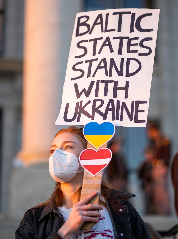 (Rick Egan | The Salt Lake Tribune) Zile Bimas joins hundreds of protesters gather at the Utah Capitol for a rally in support of Ukraine, on Monday, Feb. 28, 2022.