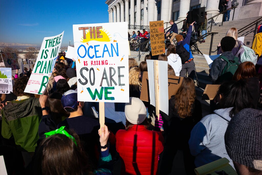 (Trent Nelson | The Salt Lake Tribune)  Students gather to call for action on climate change at the Utah Capitol in Salt Lake City on Friday March 15, 2019.