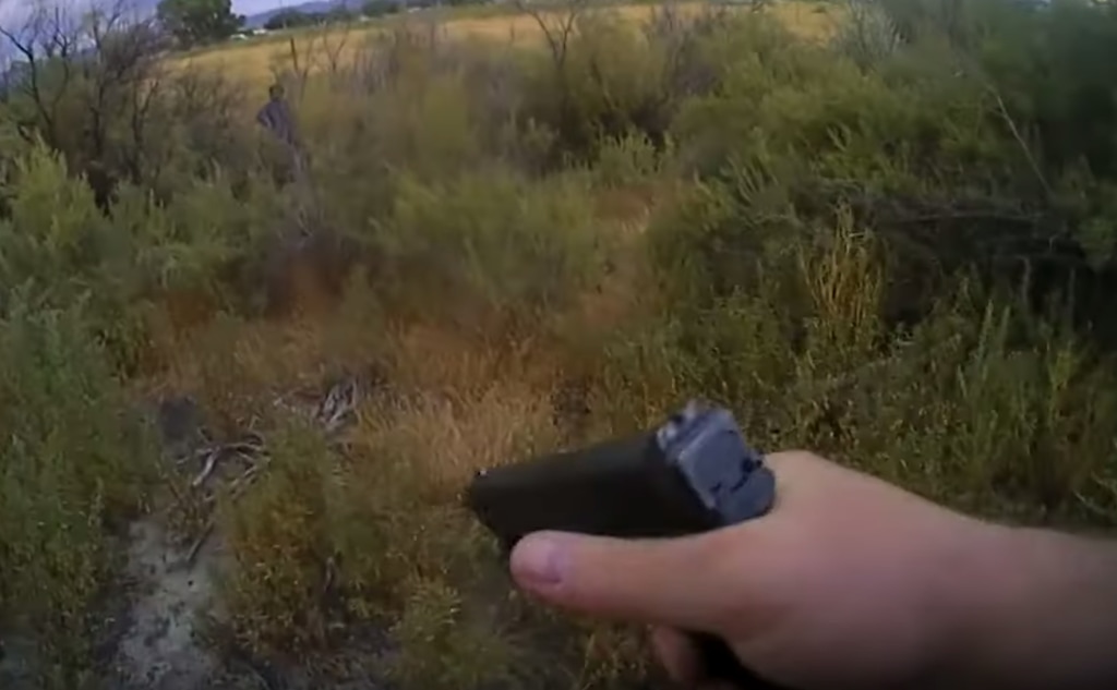 (Screen grab from body camera footage courtesy Carbon County Sheriff's Office) A still image from body camera footage released Friday, Oct. 4, 2019, shows a confrontation between Wellington City police Officer Safley and Bobby Ray Duckworth. Safley shot and killed Duckworth after the 26-year-old approached him with a knife on Sept. 10, 2019, police said.