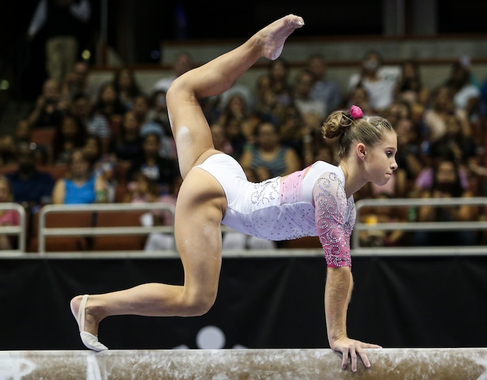 Ragan Smith competes on the balance beam during women's U.S. gymnastics championships Sunday, Aug. 20, 2017, in Anaheim, Calif. (AP Photo/Ringo H.W. Chiu)