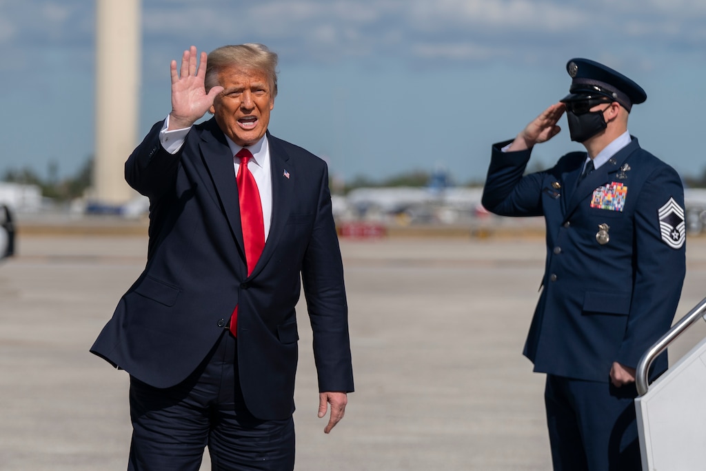 (Manuel Balce Ceneta | AP file photo) Former President Donald Trump waves to the members of the media after his final flight on Air Force One at Palm Beach International Airport in West Palm Beach, Fla., Wednesday, Jan. 20, 2021.