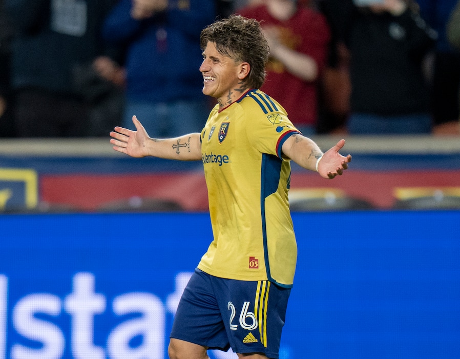 (Rick Egan | The Salt Lake Tribune) Real Salt Lake midfielder Diego Luna (26), celebrates after kicking the winning goal during a shoot-out, in MLS soccer action between Houston Dynamo and Real Salt Lake, at America First Field, in Sandy, on Monday, Nov. 6, 2023.