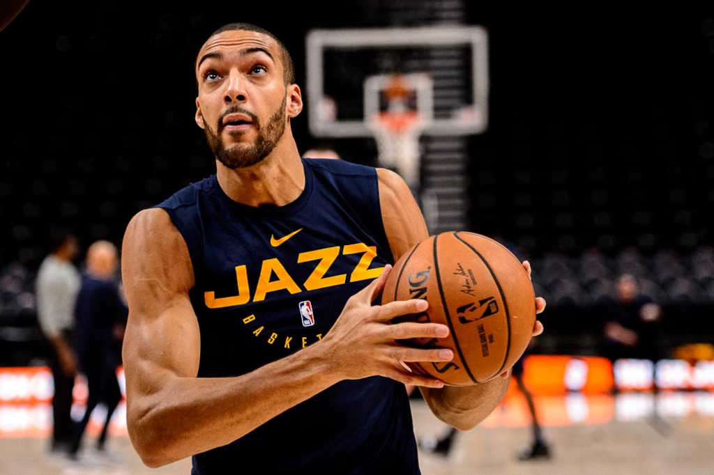 (Trent Nelson | The Salt Lake Tribune)  Utah Jazz center Rudy Gobert (27) warms up pre-game. Utah Jazz vs Memphis Grizzlies, NBA basketball in Salt Lake City on Friday Nov. 2, 2018.