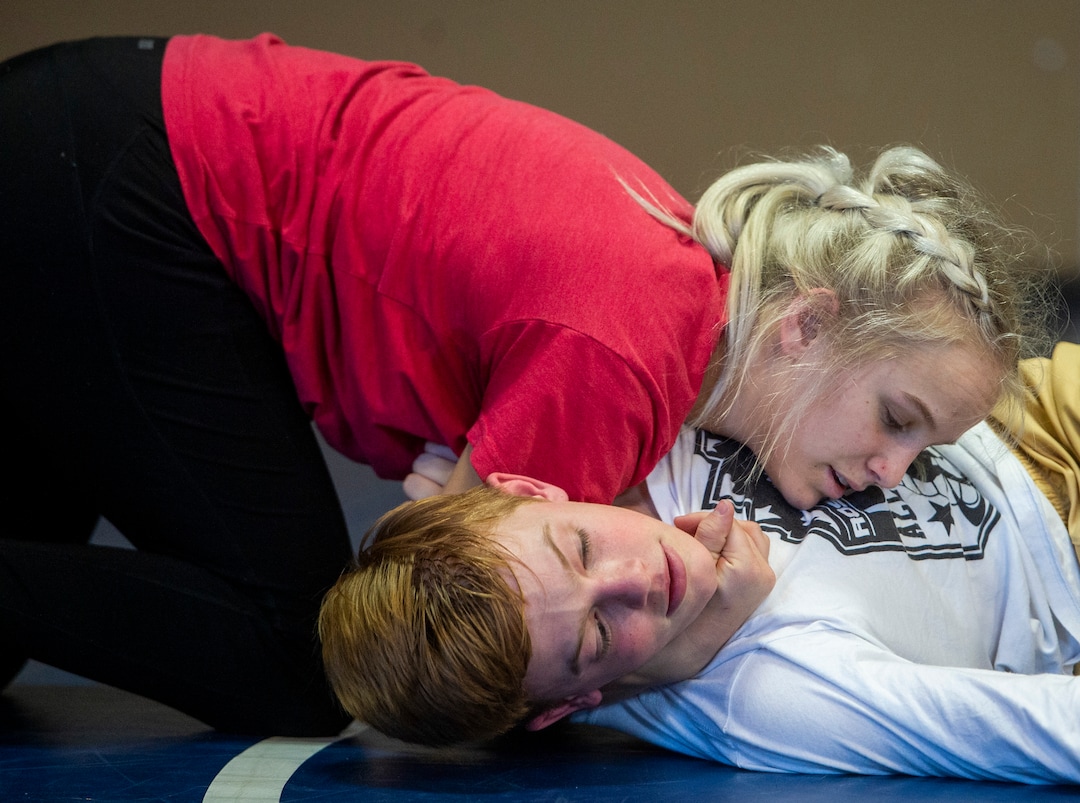 (Rick Egan | The Salt Lake Tribune)   Sage Mortimer wrestles Andrew Fox, during practice, at American Leadership Academy, Thursday, Feb. 4, 2021.