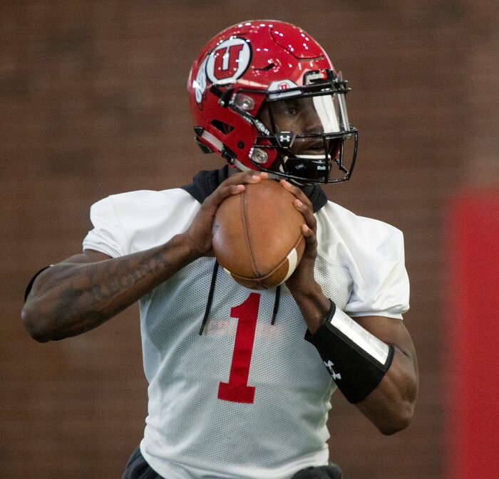 (Rick Egan  |  The Salt Lake Tribune)   Returning starting quarterback Tyler Huntley works out on the first day of Spring practice, Monday, March 5, 2018.


