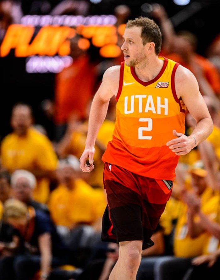 (Trent Nelson | The Salt Lake Tribune)  
Utah Jazz host the Oklahoma City Thunder, Game 3, NBA playoff basketball in Salt Lake City, Saturday April 21, 2018. Utah Jazz forward Joe Ingles (2) celebrates a three-pointer.
