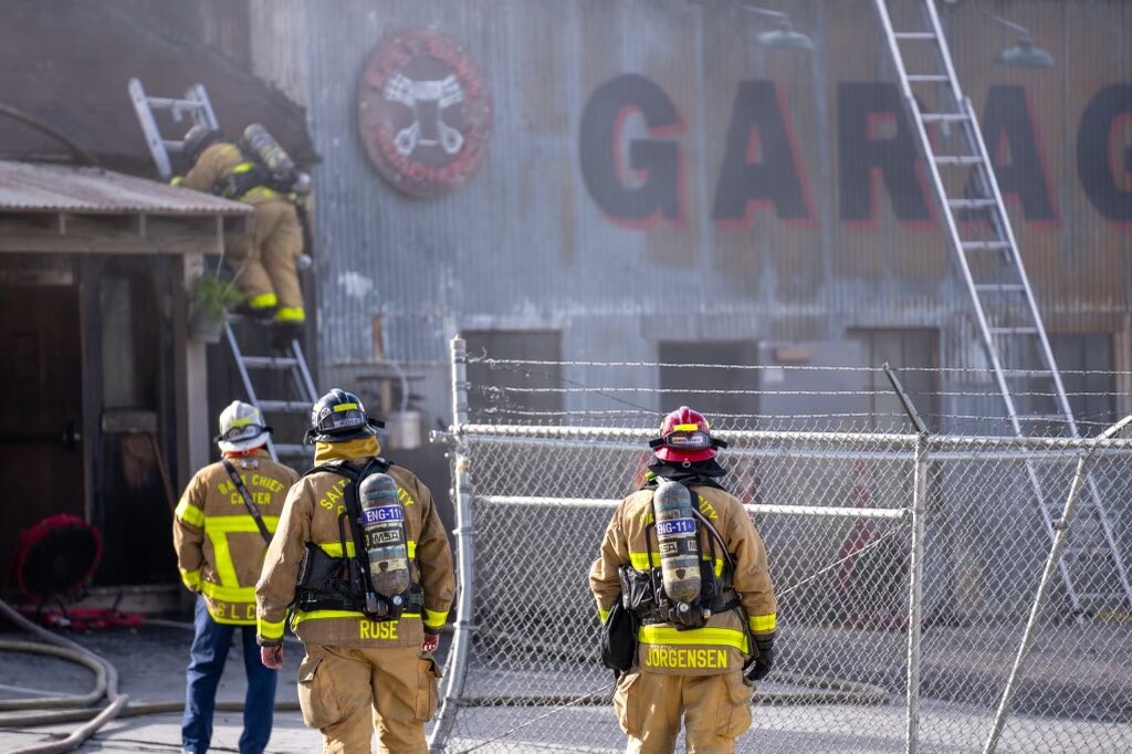 (Salt Lake City Police) Fire crews work to battle a blaze at Garage on Beck on Oct. 21, 2023.