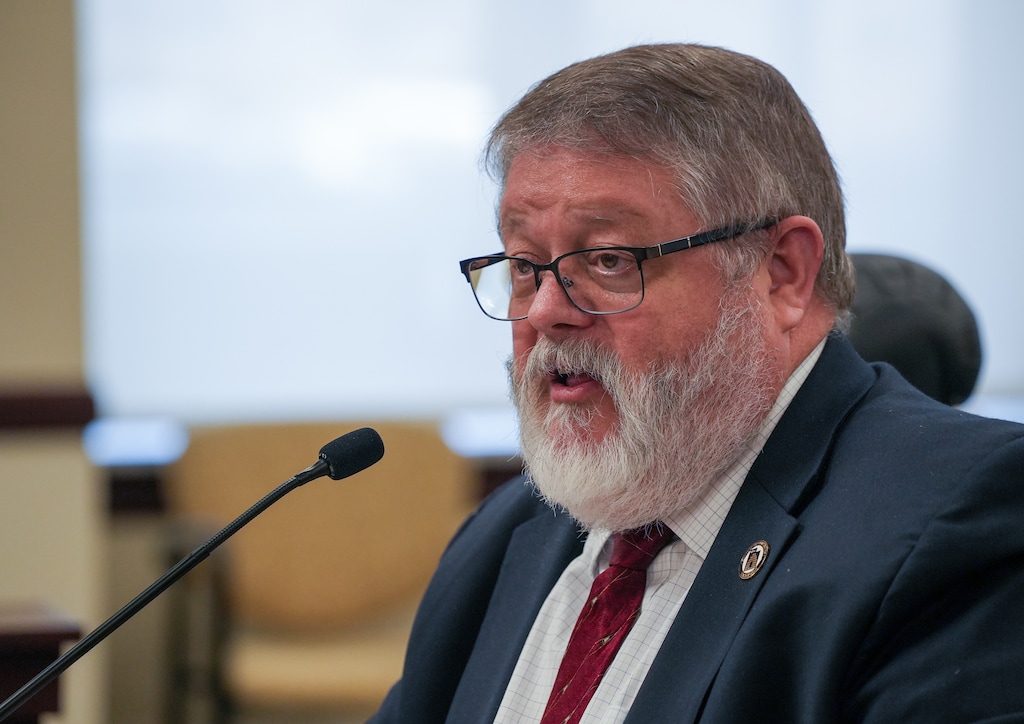 (Chris Samuels | The Salt Lake Tribune) Rep. Colin Jack, R-St. George, presents legislation during a meeting of the House Public Utilities, Energy and Technology Committee at the Capitol, Monday, Jan. 29, 2024. Critics say Jack’s HB424 could be used to "target protected speech and venues, such as the pride parades."