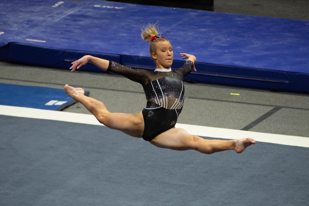 (Francisco Kjolseth  | The Salt Lake Tribune) Abby Paulson performs her floor routine in PAC-12 gymnastics action Utah vs UCLA, at the Huntsman Center on Friday, Feb. 19, 2021.