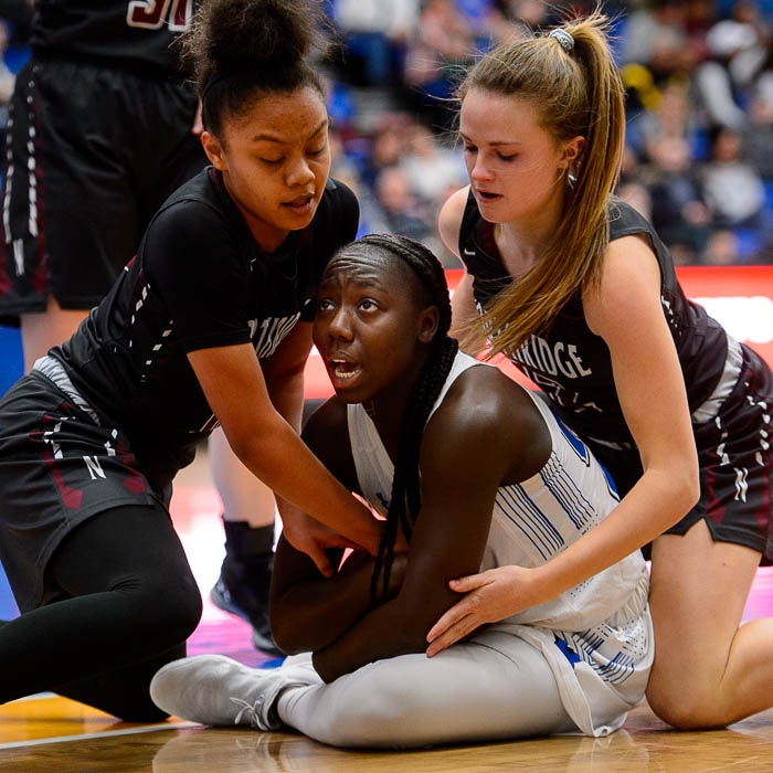 (Trent Nelson | The Salt Lake Tribune)  Bingham's Shanyce Makuei (20) calls time out as Northridge's Michaela Harris (10) and Northridge's Kendell Petersen (12) reach in as Bingham faces Northridge in the 6A High School Girls' Basketball Tournament at SLCC in Taylorsville, Thursday Feb. 22, 2018.