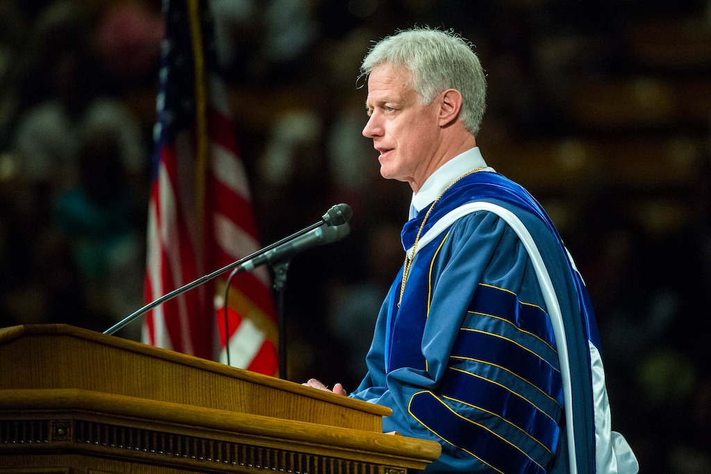Chris Detrick | The Salt Lake Tribune
BYU President Kevin J. Worthen speaks during Brigham Young University’s Commencement Exercises at the Marriott Center Thursday April 23, 2015. A total of 5881 students from 10 colleges received degrees at the ceremonies, with 5004 students receiving bachelor’s degrees, 692 students receiving master’s degrees and 185 receiving doctoral degrees.