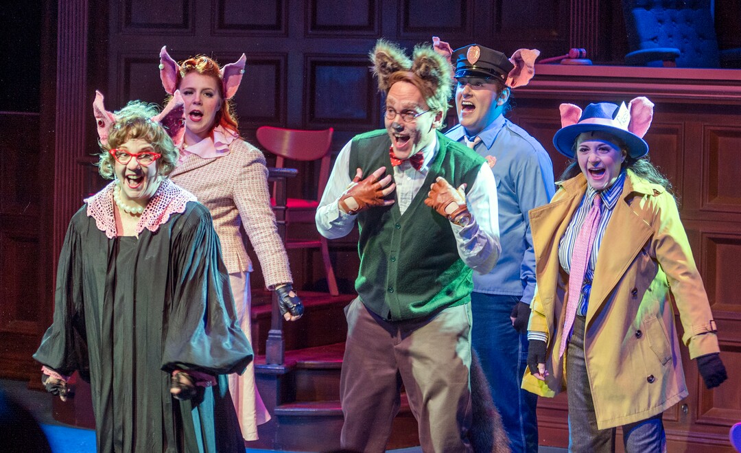 (Leah Hogsten  |  The Salt Lake Tribune) From left, The Honorable Prudence played by Betsy West, Julia played by Becky Jeanne, Alexander T. Wolf, played by Derek Gregerson, Rocky, played by Trevor B. Dean and Lillian Magill, played by Ali Bennett during Salt Lake Acting Company's annual children's show, "The True Story of the 3 Little Pigs," running through Dec. 29.