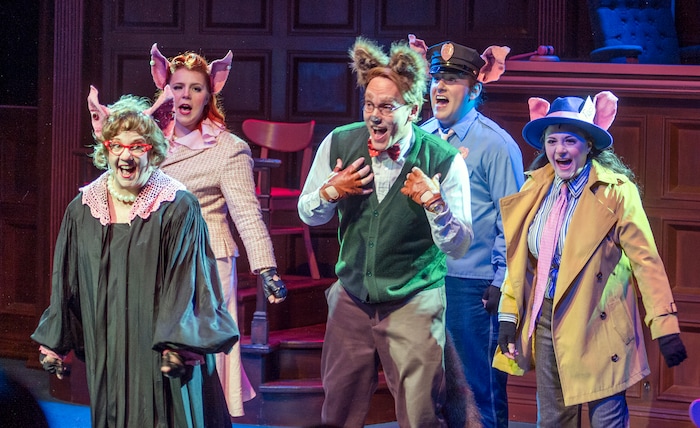 (Leah Hogsten | The Salt Lake Tribune) From left, The Honorable Prudence played by Betsy West, Julia played by Becky Jeanne, Alexander T. Wolf, played by Derek Gregerson, Rocky, played by Trevor B. Dean and Lillian Magill, played by Ali Bennett during Salt Lake Acting Company's annual children's show, "The True Story of the 3 Little Pigs," running through Dec. 29.