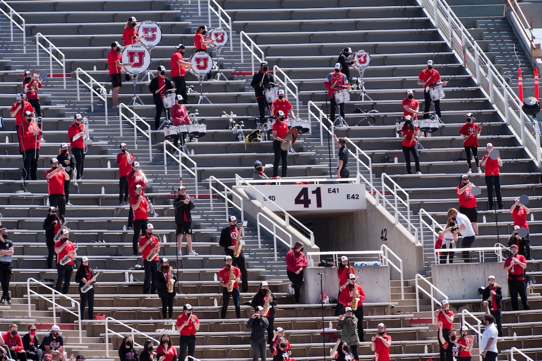(Ed Kosmicki | Special to The Tribune) The Ute marching band plays from the stands while social distancing during the annual spring football game at the University of Utah, 17 April 2021.