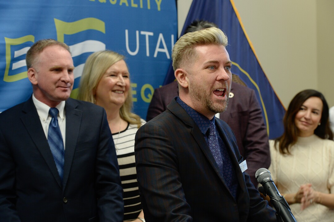 (Francisco Kjolseth  |  The Salt Lake Tribune) Troy Williams, executive director of Equality Utah, center, holds a press conference at the Utah Capitol on Wednesday, Jan. 22, 2020, to recognize Utah becoming the 19th state in the nation to enact a ban on conversion therapy for minors.