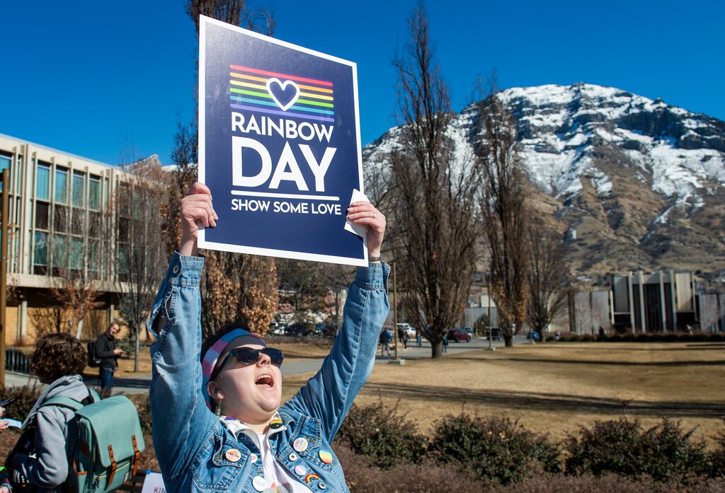 (Rick Egan  |  The Salt Lake Tribune)   Emma Ramirez announces that it is Rainbow Day,  during a Rainbow Day gathering on the BYU Campus, Wednesday, Feb. 26, 2020.