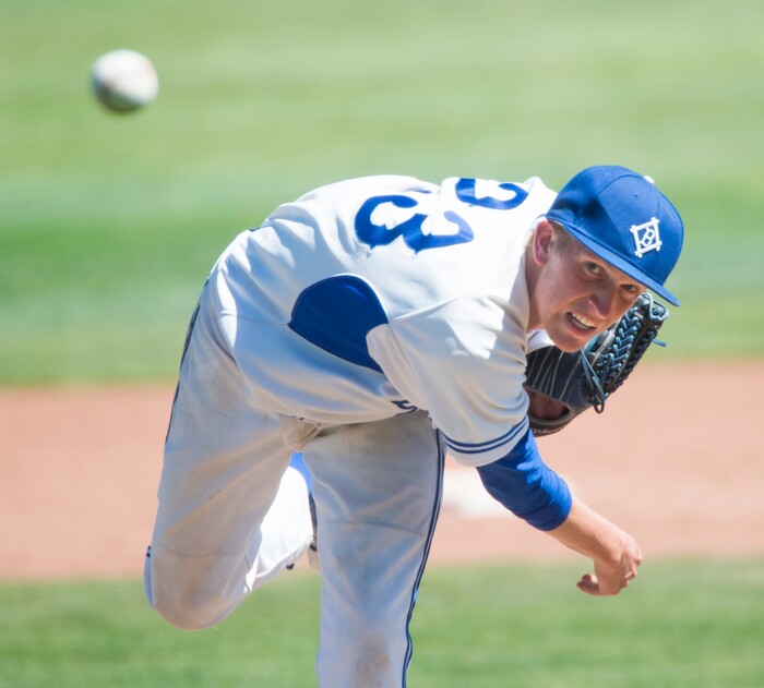 (Rick Egan  |  The Salt Lake Tribune)  Jackson Dial pitches for Bingham in 6A state baseball championship action between Riverton and Bingham, at UVU in Orem, Friday, May 25, 2018.