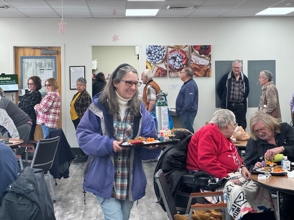 (Clarissa Casper | The Salt Lake Tribune) Patrons wait in line for lunch at the Cache County Senior Center on Wednesday, Jan. 29, 2025. The center has seen a significant increase in guests using its free lunch program in recent years.